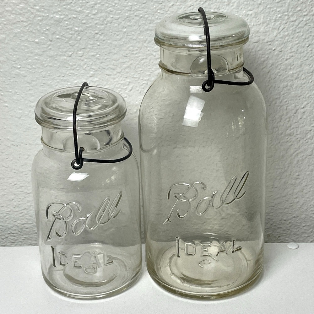 VTG 1923-1933 Ball Ideal Mason Jar Half Gallon & Quart Clear Glass Lid Wire Bail